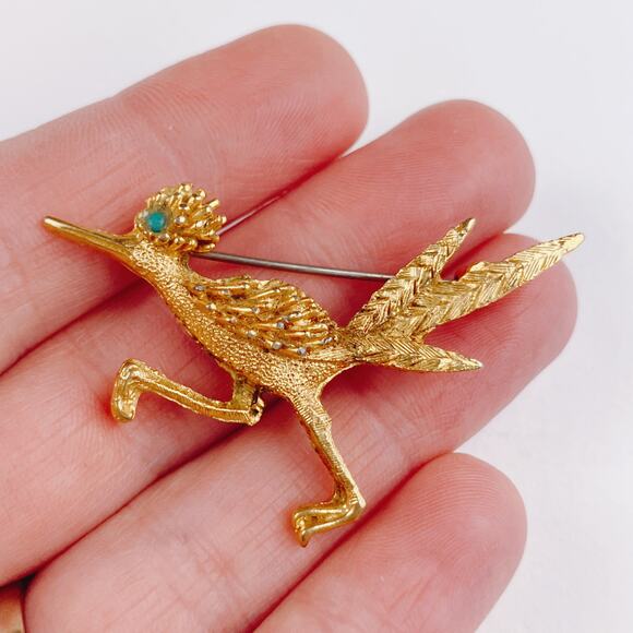 VTG Mid Century Roadrunner Brooch Gold Tone Bird Pin Turquoise Eye Figural - Picture 3 of 8